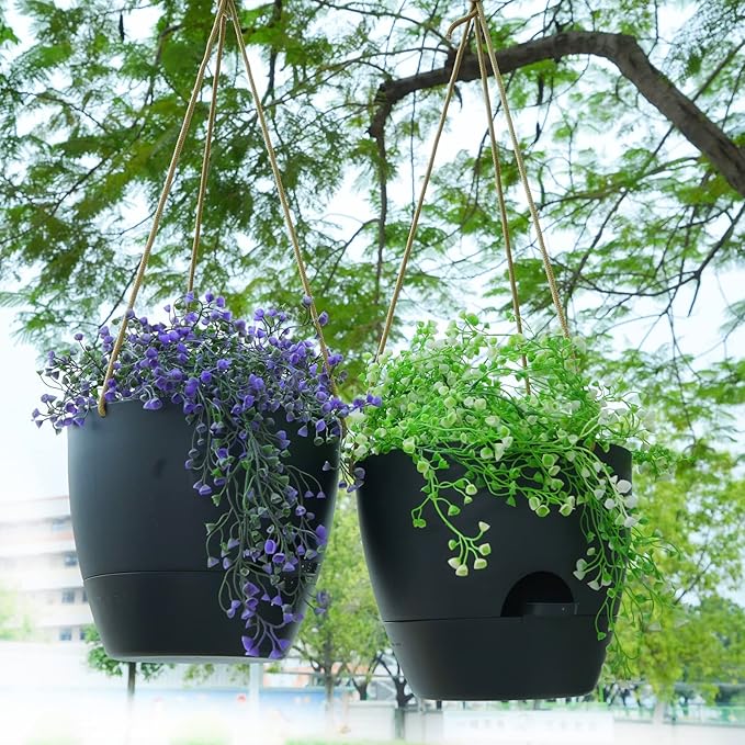SwinDuck 10 Inch Self Watering Hanging Pots, 2 Pack Hanging Planters with 40oZ Deep Reservior for Indoor Outdoor Plants Flowers, Black