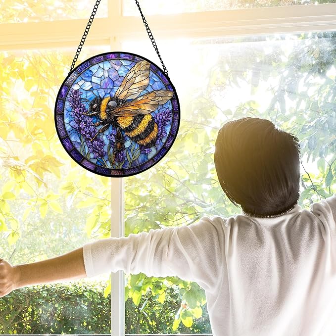 DASTOLL Stained Glass Window Hanging, Bee Lavender Sun Catchers Diamond Glass Panel Hangings Insect Suncatcher Decor for Birthday for Women, Men, Wife, Aunt, and Mom7.8 in