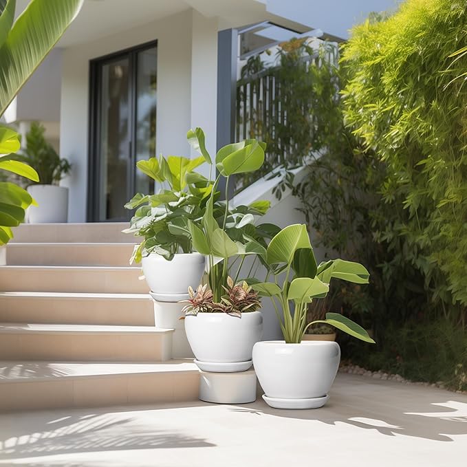10+8+6 Inch Ceramic Planter, Ceramic Pots for Plants Indoor Outdoor, Round Plant Pots with Drainage Holes and Saucers, Modern Planter, Home Decor, Gardening Gifts for Women, Set of 3, White