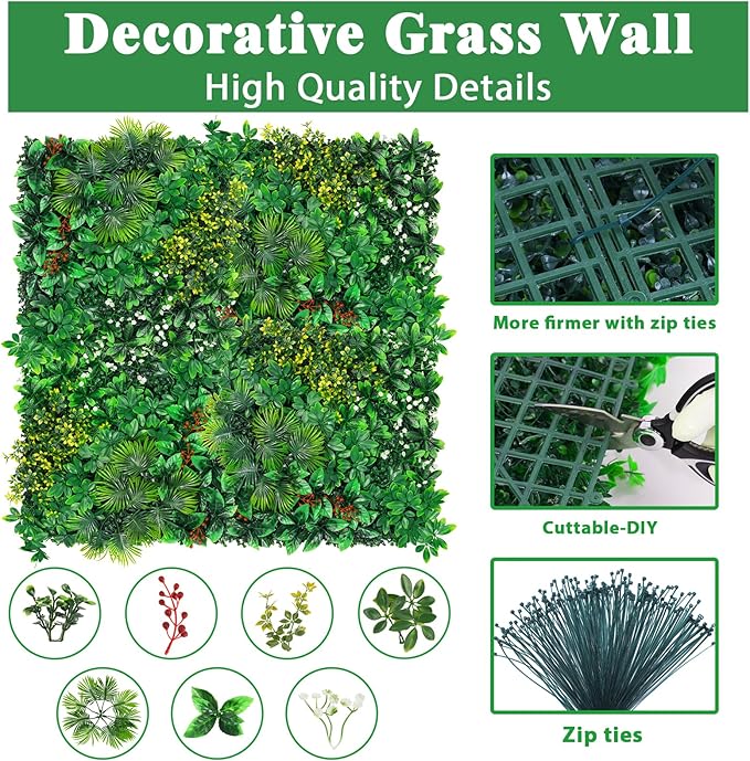 Yangrass Artificial Grass Wall Panels, 20''x20'' 16pcs Boxwood Wall Panels with Tropical Leaves, Faux Greenery Privacy Fence Screen, Grass Backdrop for Outdoor Indoor Garden Birthday Wedding Decor