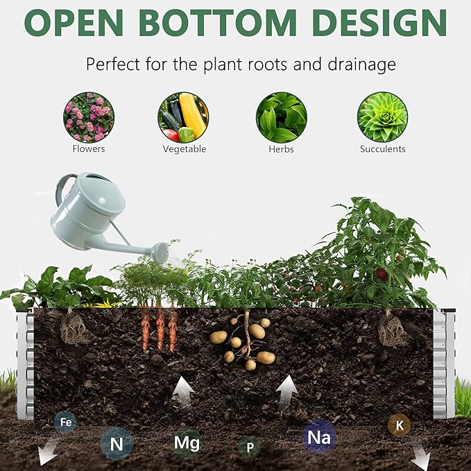 FOOWIN 4pcs 8x4x2ft Galvanized Raised Garden Bed, Planter Raised Garden Boxes Outdoor, Large Metal Raised Beds for Gardening, Garden Bed for Vegetables, Flowers, Herb,478 Gallon Capacity, Silver