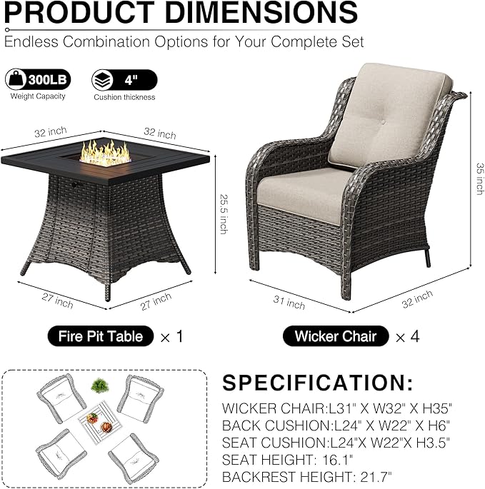 Joyside 5 Piece Wicker Patio Furniture Set with Fire Pit Table, Rattan Patio Chairs with High Back, Deep Seating, Wide Armrest, Thickened Cushions, Outdoor Furniture for Deck, Porch Use
