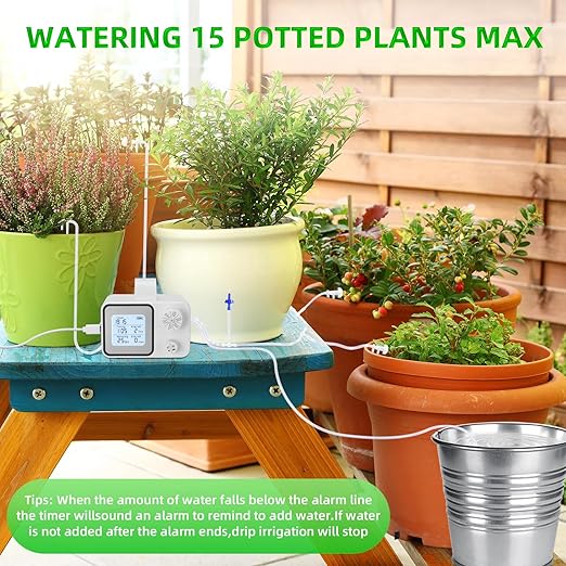Automatic Plant Watering Devices with Programmable Water Timer and LED Display,Automatic Drip Irrigation Kit System for 15 Potted Plants Outdoor Indoor Garden Balcony Vacation