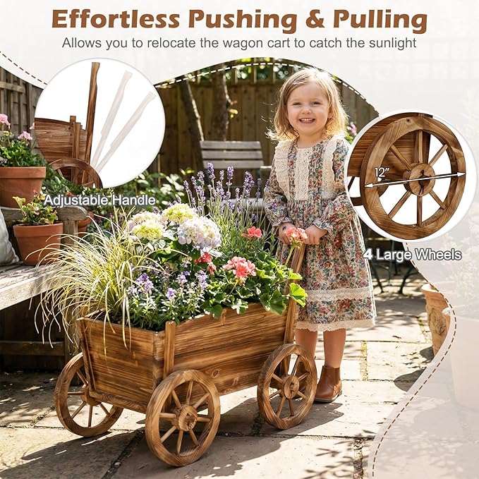 Giantex Wood Wagon Planter, Rustic Rolling Flower Pot Stand with Wheels, Handle & Drainage Hole for Growing Vegetables Herbs, Indoor Outdoor Decorative Cart for Patio Balcony Garden