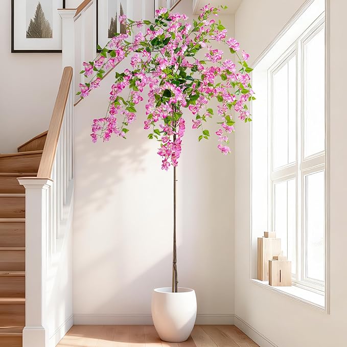 7.2FT Artificial Bougainvillea Tree Artificial Tree Tall Potted Fake Bougainvillea Trees for Outdoor Indoor Lifelike Potted Faux Plants with Wood Trunk and Flowers Office Wedding Home Decor