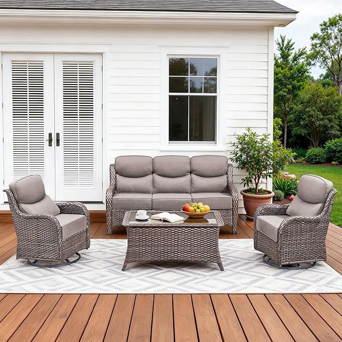 Luxury High Back Patio Furniture Set with 6-Inch Thick Cushions, 4-Pieces Outdoor Furniture with Swivel Chairs, Wicker Conversation Set for Porch, Balcony, Deck and Yard, Brown/Grey