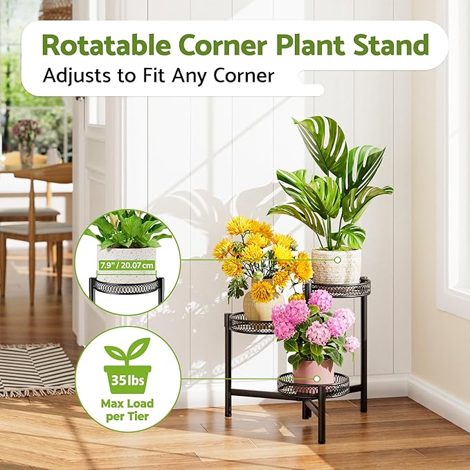 NQW 3 Tier Metal Plant Stand Indoor Outdoor, Corner Tall Plant Shelf for Multiple Plants, Foldable Heavy Duty Plant Holder, Decoration Flower Pot Stand for Patio Living Room Balcony Garden - BlackFlower