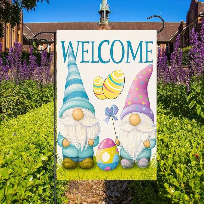 Easter Bunnies Garden Flag Cute Gnomes Egg Double Sided Yard Flag 12x18 Inch Welcome Yard Holiday Decoration Farmhouse Small Yard Flag Home Lawn Outdoor Decorations
