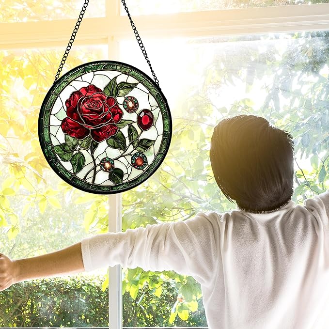 DASTOLL Stained Glass Window Hanging, Red Rose Gemstone Green Sun Catchers Diamond Glass Panel Hangings Suncatcher Decor for Birthday for Women, Men, Wife, Aunt, and Mom 11.8x11.8 in