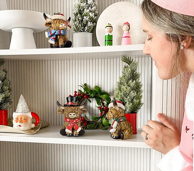 Scottish Highland Cows with Christmas Holiday Accents - Set of 3 | Resin Home Decor with Santa Hats | Seasonal Xmas Decor for Centerpiece, Mantel, Kitchen, Dining Room, and More | 4 inches tall