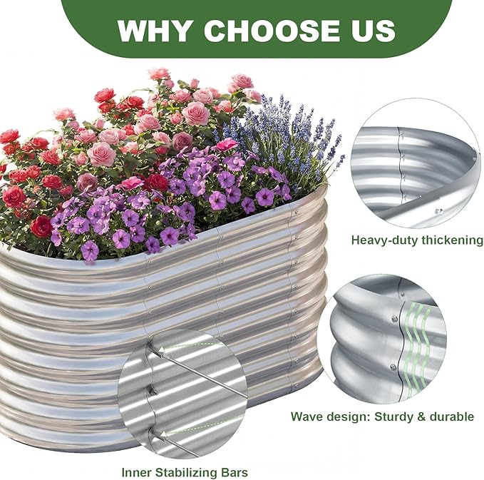 AHEONLAR 2 Pack 4×2×2ft Galvanized Raised Garden Beds Outdoor,Oval Sturdy and Durable Planter Boxes for Vegetables, Fruits, Flowers and Plants, Easy Assembly, Grey