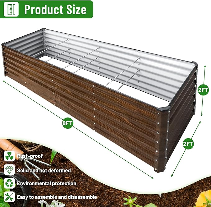 SnugNiture 8x2x2FT Galvanized Raised Garden Bed Kit, Metal Planter Box for Planting Plants Vegetables, Brown