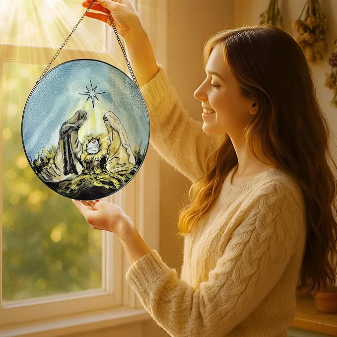 8'' Stained Glass Window Hanging, Nativity Ornament, Religious Suncatcher Ornament, Christian Decor, Holiday Decor, Gift for Christmas, Religious Gifts, Christian Gifts