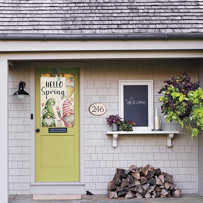 AVOIN colorlife Hello Spring House Flag 28x40 Inch Double Sided Outside, Seasonal Floral Gnomes Rustic Yard Outdoor Flag