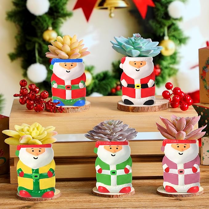 Pasimy 6 Set Ceramics to Paint DIY Ceramic Succulent Planter Pots Paint Your Own Flower Pots Craft Kit Unpainted Bisque Flowerpot with Brush Palette for Family Activity Holiday Gifts(Santa)