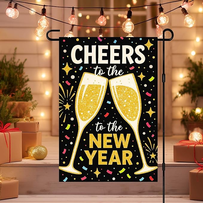 Cheers to the New Year Garden Flag 12x18 Inch Double Sided New Year Garden Banner Outdoor Yard Decor Black Gold Champagne Toast Party Decoration Lawn Flag
