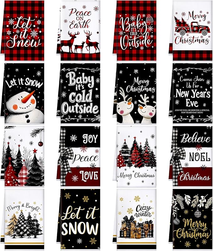 Bencailor 16 Pcs Christmas Kitchen Towels Xmas Holiday Hand Dish Towels Buffalo Plaid Snowman Truck Tea Dishcloths for Christmas Winter Holiday Kitchen Bathroom Home Decor Gifts