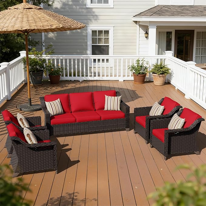 5 Pieces Patio Conversation Furniture Set - 1 Sofa, 4 Armchairs, Outdoor Wicker Furniture with Removable Cushions for Porch, Balcony, Sunroom (Red)
