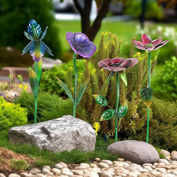 Voltogar 28.5" H Large Flower Stake Metal Decoration for Garden Set of 4, Plant Pick Art Ornaments Waterproof Stake for Lawn Porch Pathway Patio Flower Bed, Yard Outdoor Ornaments(Red & Purple & Blue)