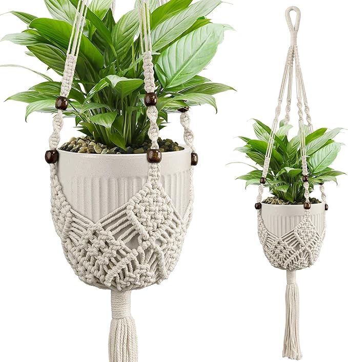 IDEEEPAN Macrame Plant Hanger - Fits 3 to 6 inches Pots for Indoor Outdoor, 35 Inch, Set of 2, Ivory (POTS NOT Included)