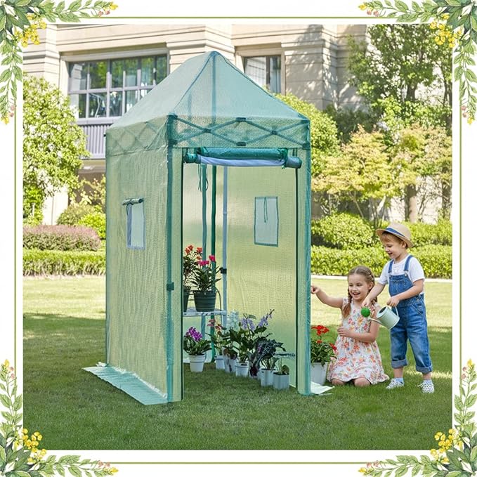 47”x 69”x 104”Walk in Instant Pop-up Greenhouse,Indoor Outdoor Gardening Green House, Roll-Up Zipper Doors and Side Windows Mesh Windows, Thickened PE Cover & Heavy Duty Steel Frame, Green