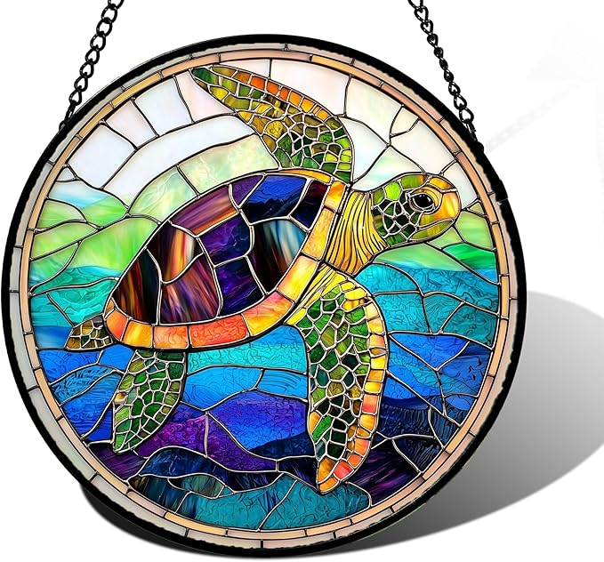 DASTOLL Stained Glass Window Hanging, Colored Turtle Ocean Suncatcher Diamond Glass Panel Hangings Marine Life Sun Catchers Decor for Birthday for Women, Men, Wife, Aunt, Mom 7.8 in