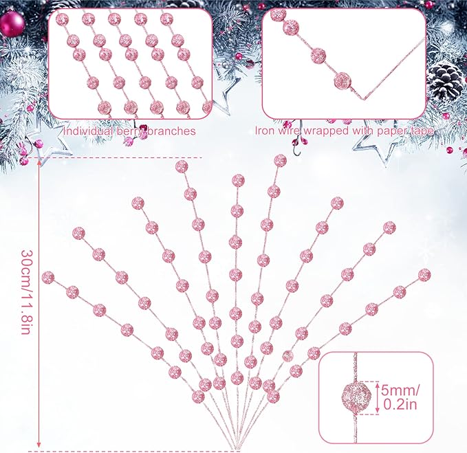 Syhood 200 Pcs Glitter Berry Stems, 13.8 Inches Christmas Berry Picks Holly Branches for Christmas Tree Decorations, Holiday Ornaments Home Decor and DIY Crafts(Pink)