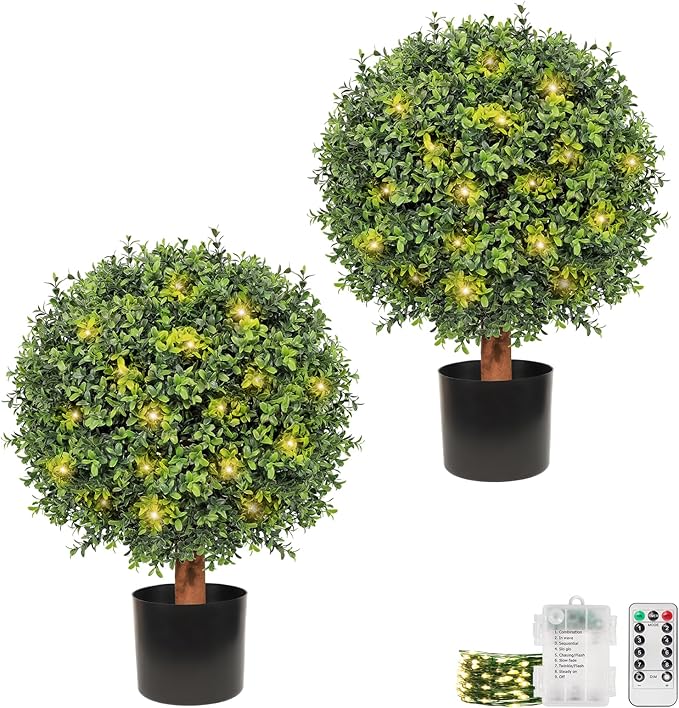 26" Artificial Boxwood Topiary Trees - 19.7" W Large Faux Plants Outdoor for Front Porch Decor, UV-Resistant Potted Shrubs with LED Lights, Realistic Fake Greenery Balls for Patio Entrance, Set of 2
