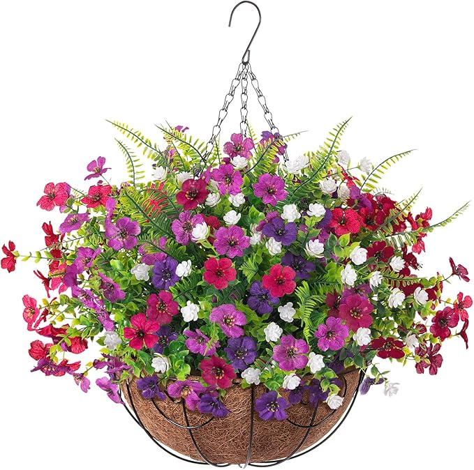 Artificial Fake Flowers Basket for Spring Outdoor Decor, Faux Mums Floral Hanging Plant for Summer Outside Decor, Silk Daisy with Eucalyptus Leaves for Home Patio Garden