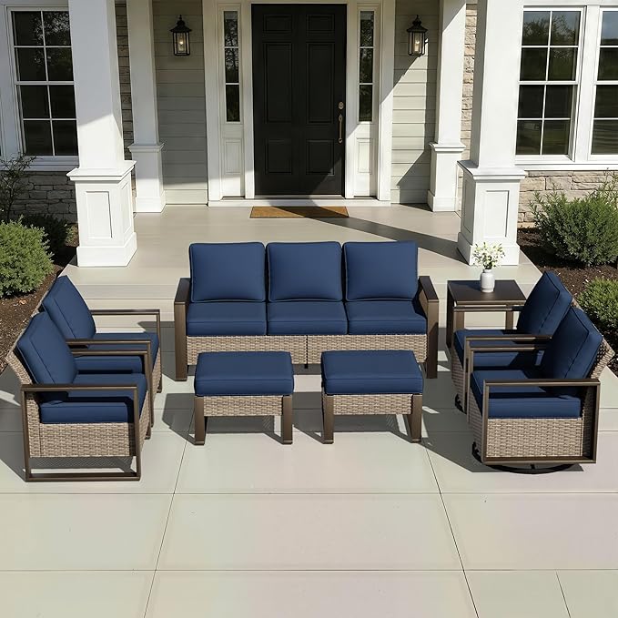 Joyside Outdoor Patio Chairs, 8 Pieces Wicker Rattan Furniture Set, 4 Patio Chairs, 1 Sofa, 2 Ottoman and 1 Table, Metal Wide Armrest, Thick Cushions and Deep Seating for Garden, Backyard, Porch