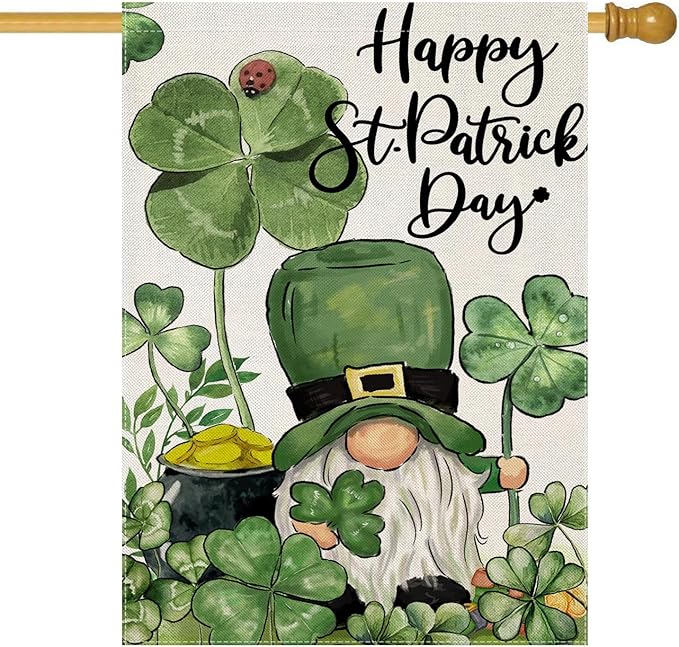 Happy St Patricks Day House Flags for Outdoor Decoration, Irish Gnome with Shamrocks Large Yard Flag,Seasonal Decorative Decor for Holiday Irish Anniversary Celebration Outside 28x40 Inch Double Sided