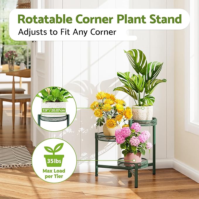 NQW Plant Stand Indoor Outdoor, 3 Tier Corner Metal Flower Display Holder Shelf, Folding Tall Plant Rack for House Patio Balcony Porch Garden Living Room, Heavy Duty Anti-Rust Wrought Iron - GreenFlower