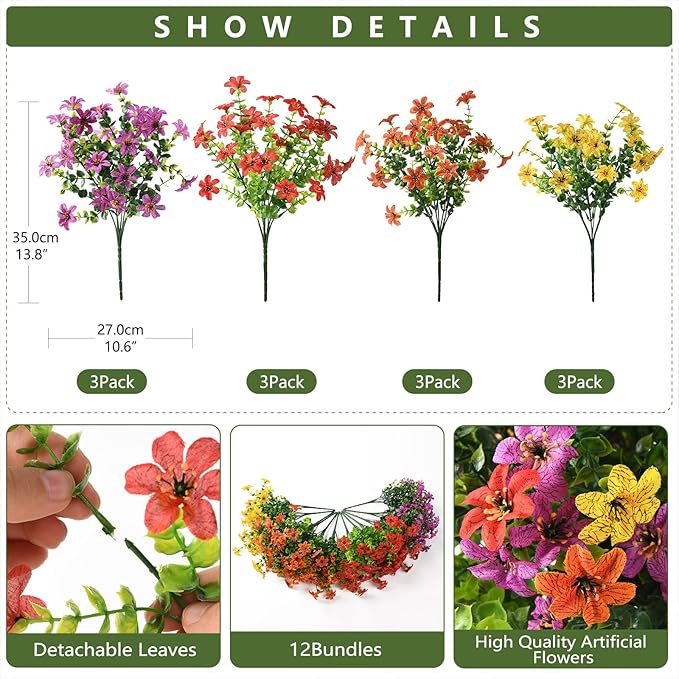 Homsunny Artificial Flowers for Outdoors 12 Bundles Fake Plants Spring Home Decoration, Realistic Faux Flower Silk Daisy with Eucalyptus Stem UV Resistant Patio Planter Porch Yard Window (4 Colors)