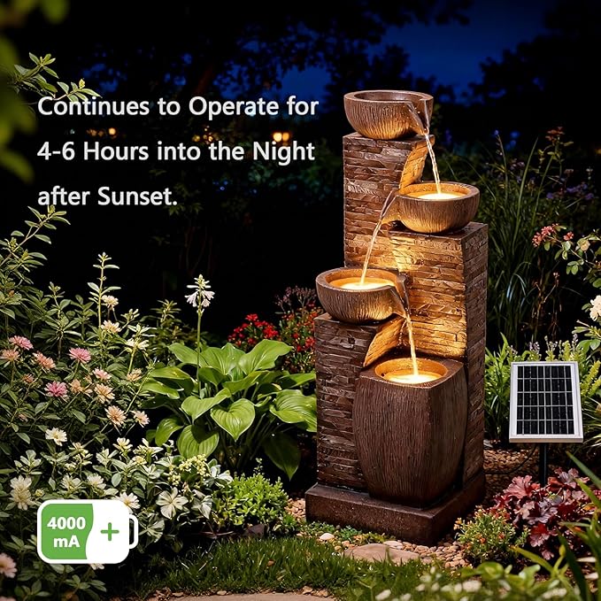 Solar Water Fountain Outdoor Garden, 38.2" Tall Stone Texture Modern Outdoor Fountain with 4 Tiers Cascading Bowls and Pump Solar Panel for Patio, Deck, Porch, Backyard Home Decor