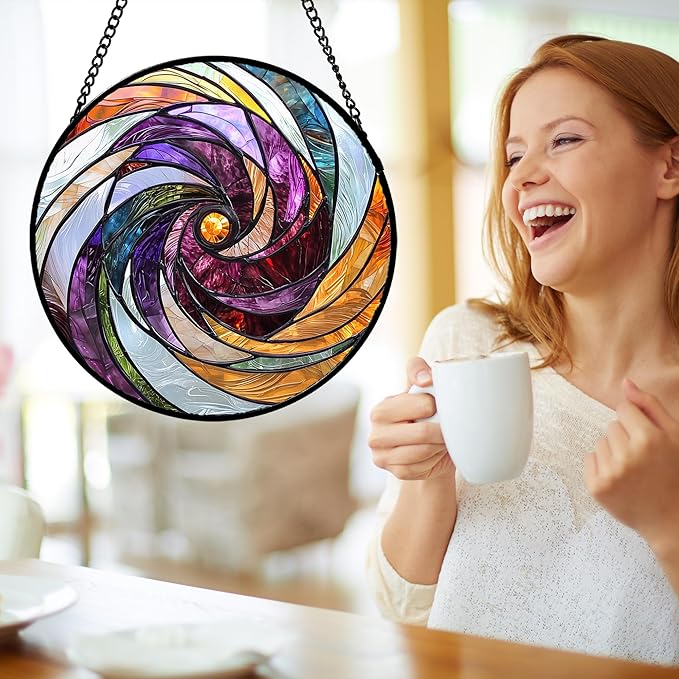 Stained Glass Window Hanging, Colorful Abstract Spiral Pattern Suncatcher for Doors Window Home Sun Catchers Decoration Mother's Day Birthday Gifts for Women, Men, and Mom 11.8 in