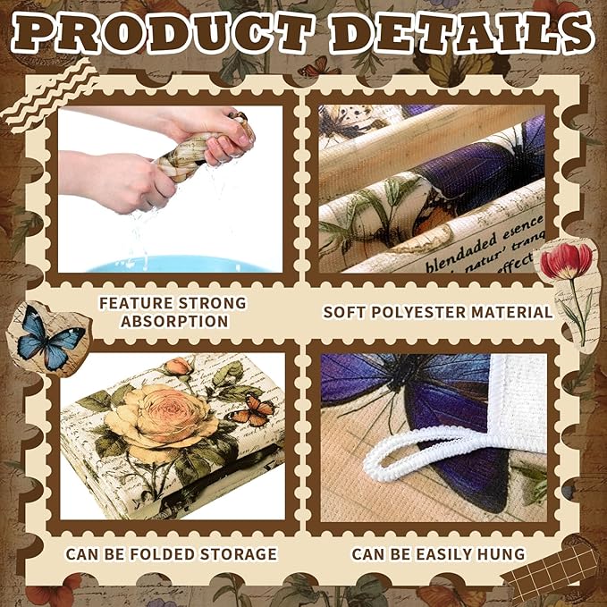 Bencailor 16 Pcs Spring Kitchen Towels Floral Butterfly Hand Dish Towels Vintage Flower Tea Dishcloths for Spring Holiday Kitchen Bathroom Home Decor Gifts, 16 x 24 Inch