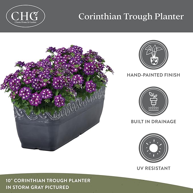 Classic Home and Garden Corinthian Resin Flower Pot Rectangle Planter, Storm Gray, 18"