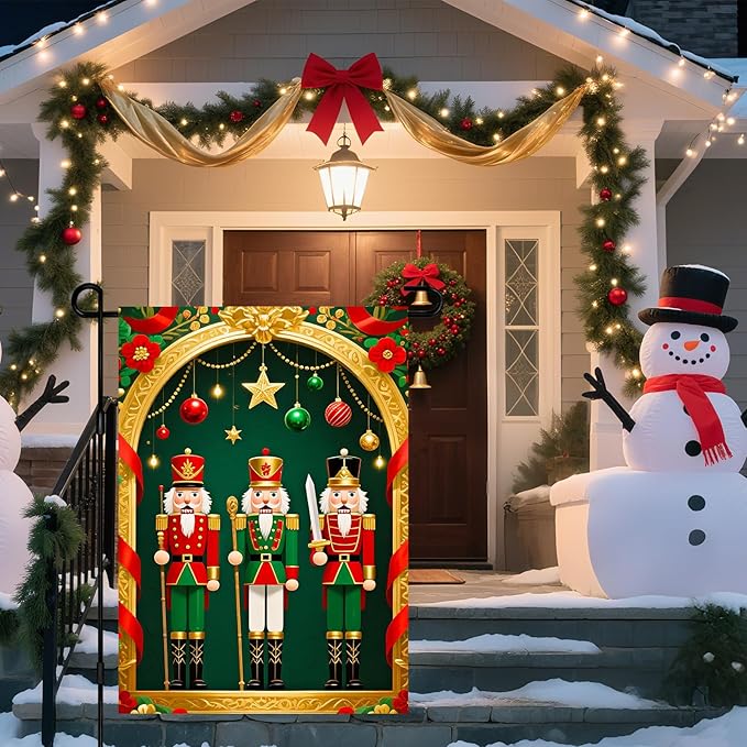 IVN Christmas Garden Flag 12x18 Inch Double Sided Classic Nutcracker Soldiers with Ornaments Outdoor Yard Flag for Outside Home Front Door Lawn Porch Patio Welcome Decor
