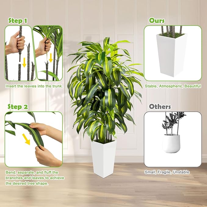 5FT Fake Plant Artificial Dracaena Tree Indoor - Faux Plants Indoor Tall with White Planter - Fake Tree Floor Plant Artificial Plants Decor for Living Room Office