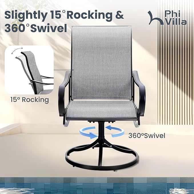 PHI VILLA 7 Piece Outdoor Patio Dining Set with 6 Swivel Dining Chairs & 1 Large Round Dining Table, Gray Textilene Mesh Fabric Chair and 54" Metal Table for All Weather