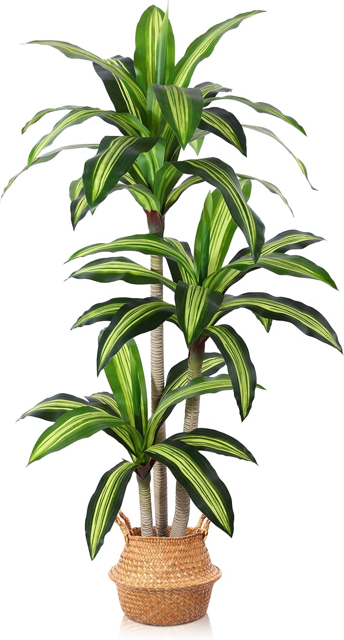 Ferrgoal Artificial Plants, 5 Ft Dracaena Tree Faux Plants Indoor Outdoor Decor Fake Tree with Woven Seagrass Basket Plants for Home Decor Office Living Room Porch Patio Housewarming