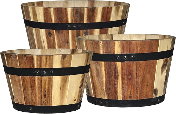 Classic Home and Garden 5/800/3 Wood Barrel Set of 3 Planters, Acacia