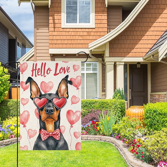 Valentine's Day Doberman Hello Love Garden Flag, House Yard Plaid Love Heart Outside Decoration, Spring Holiday Wedding Anniversary Outdoor Small Decor 12x18(12647)