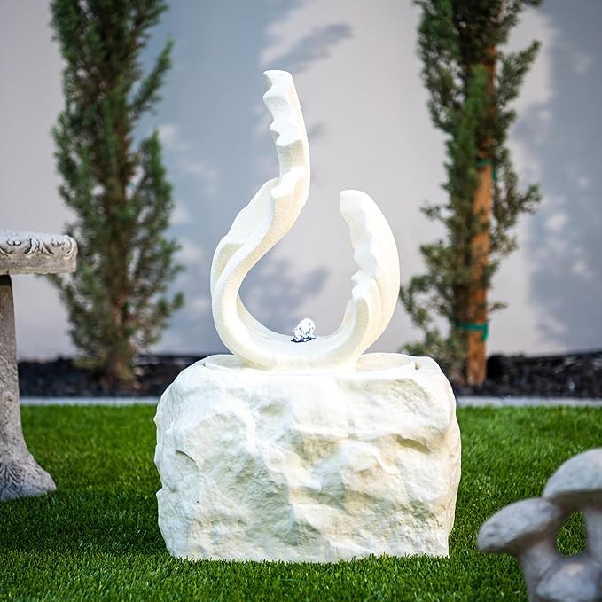 XBrand 25" H Outdoor Garden Water Fountain, Stone-Look Modern Sculptural Freestanding Fiber Resin Fountain with LED Lights for Patio, Backyard, Porch & Lawn, White