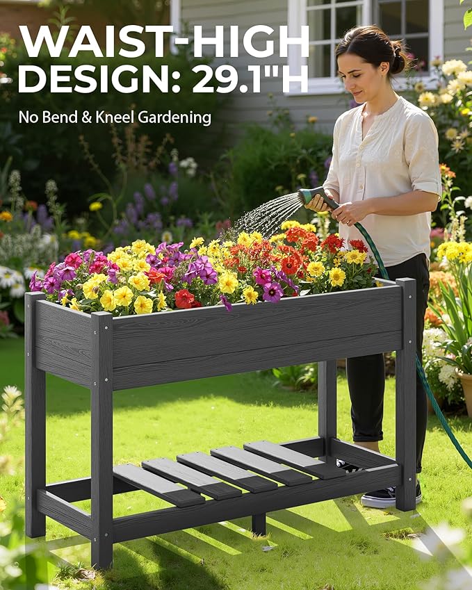SERWALL Raised Garden Bed with Legs Set of 2, 43"×17"×30" Large HDPE Elevated Planter Box for Vegetables Flower Herb Patio, All Weather Use- Gray