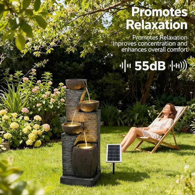 Solar Water Fountain Outdoor Garden, 38.2" Tall Stone Texture Modern Outdoor Fountain with 4 Tiers Cascading Bowls and Pump Solar Panel for Patio, Deck, Porch, Backyard Home Decor