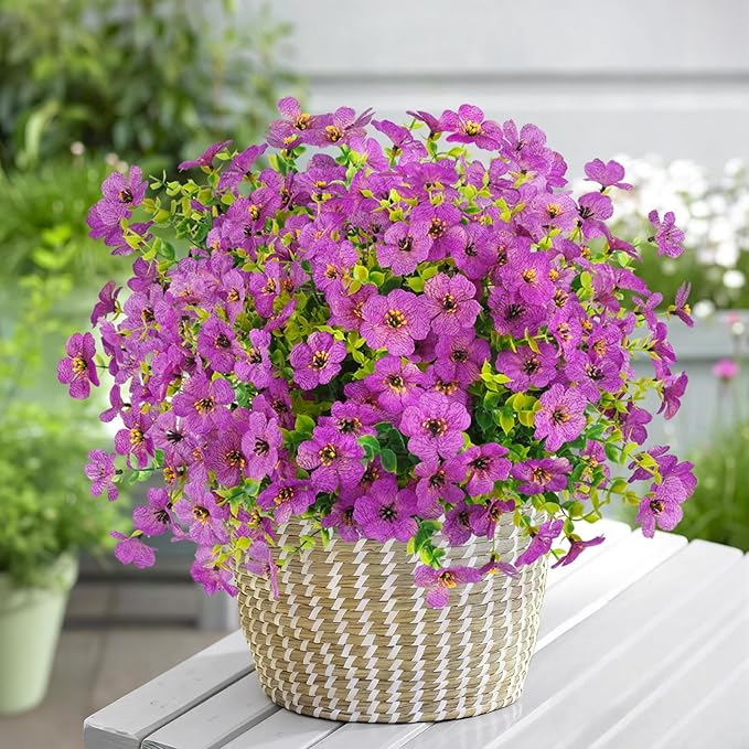 ATTGREAT Artificial Flowers Outdoor Faux Plants UV Resistant Fake Patio Flowers Plastic Greenery Plnats Outside Bulk for Spring Garden Hanging Planter Home Vase Decor, 12 Bundles (Purple)