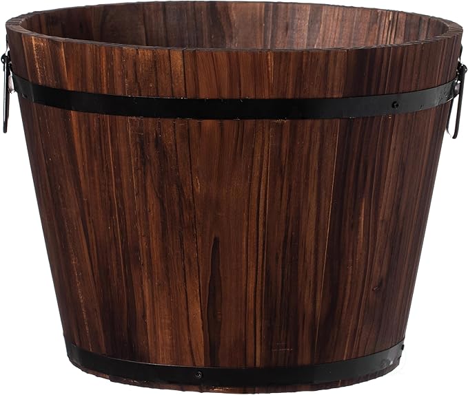 Rustic Wooden Whiskey Barrel Planter with Durable Medal Handles and Drainage Hole - Perfect for Indoor and Outdoor Plants, Herbs, and Vegetables - Medium
