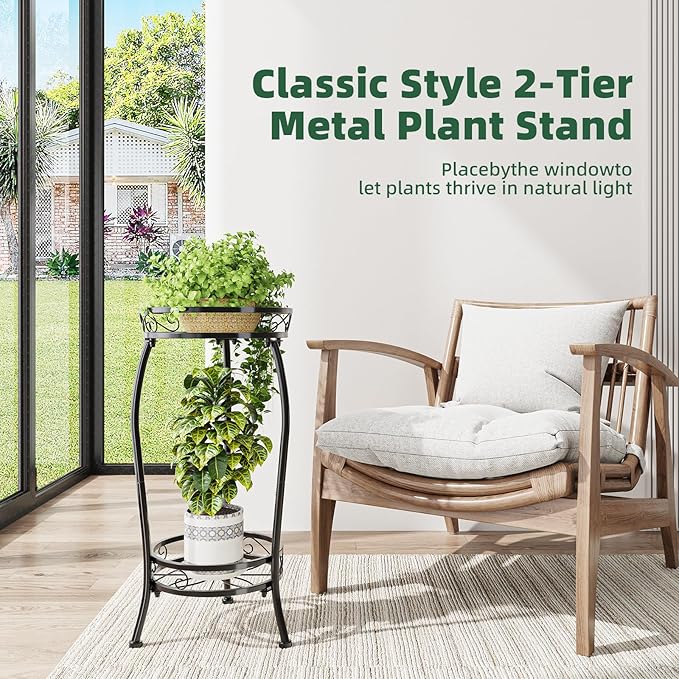 Simple Trending Plant Stand for Indoor Outdoor Use, 2-Tier 26.77” Metal Round Plant Shelf with Waterproof, Rustproof Flower Pot Holder for Garden, Balcony, Patio, Black
