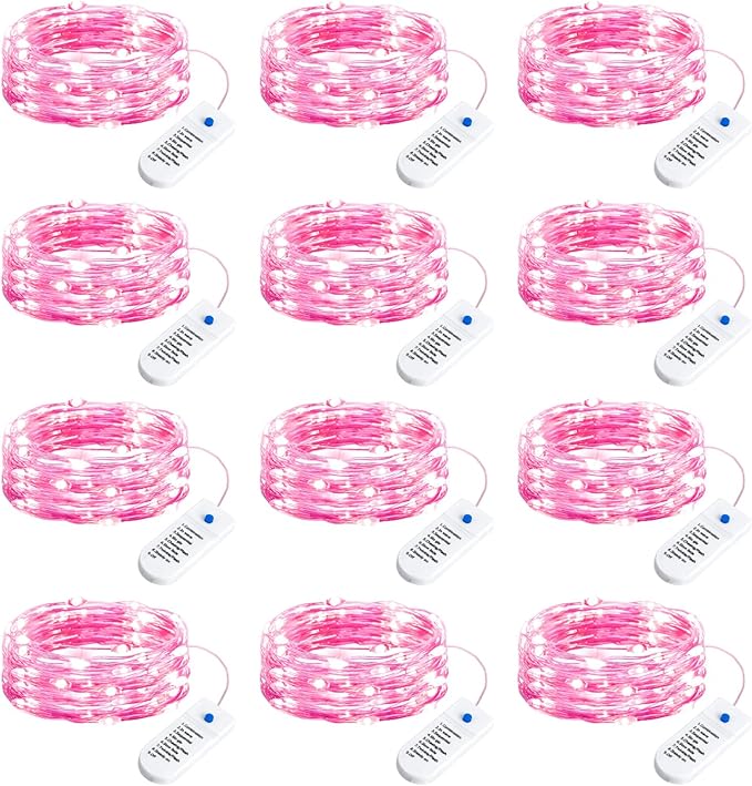 Minetom 12 Pack Pink Christmas Lights, 7ft 20 LED Fairy Lights Battery Operated, Valentines Day Decorations, 8 Modes Timer Waterproof Silver Wire Twinkle Lights, Valentine's Day Lights
